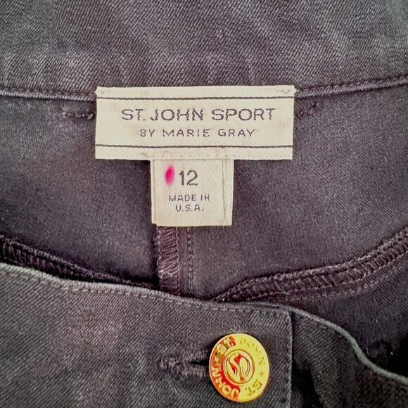 ST JOHN SPORT Marie Gray Black Cotton Blend Stretch Pants Gold Tone Trim 12 - Picture 3 of 5